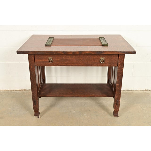 Apollo Studios New York Arts & Crafts Grapevine Pattern Bronze and Slag Glass Blotter Ends With Leather Desk Blotter For Sale - Image 14 of 15