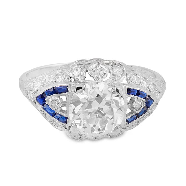 Art Deco 1930s Art Deco Gia 2.01 Carat Old Euro Cut Diamond Sapphire Platinum Engagement Ring, Size 6.5 For Sale - Image 3 of 7