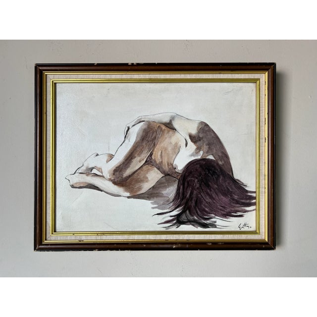 Brown Vintage Reclining Woman Oil on Canvas Painting, Signed For Sale - Image 8 of 11