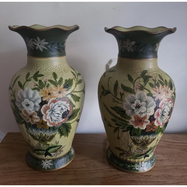 Vintage 1970s Hand Crackled Painted Ceramic Vases - a Pair For Sale In Washington DC - Image 6 of 6