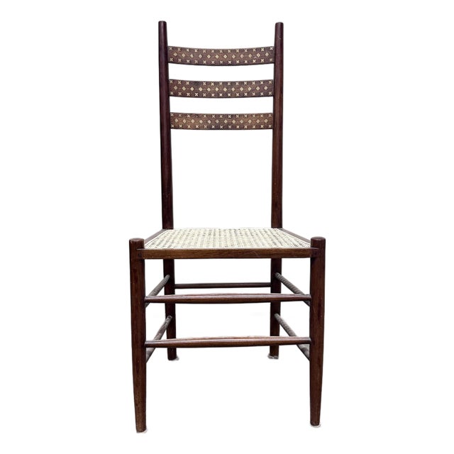 Vintage Walnut Chair With Brass Inlay and Caned Seat For Sale