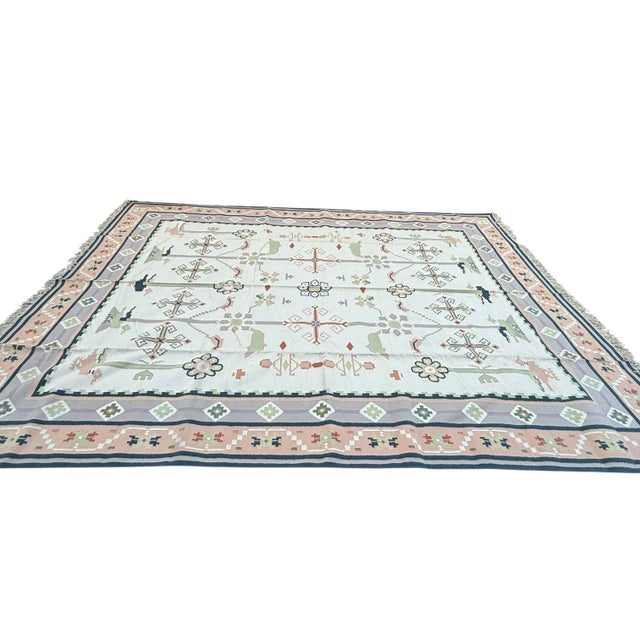 Handmade Dhurrie | Pastel Indian Flatweave Kilim | 12x15 For Sale In Los Angeles - Image 6 of 6
