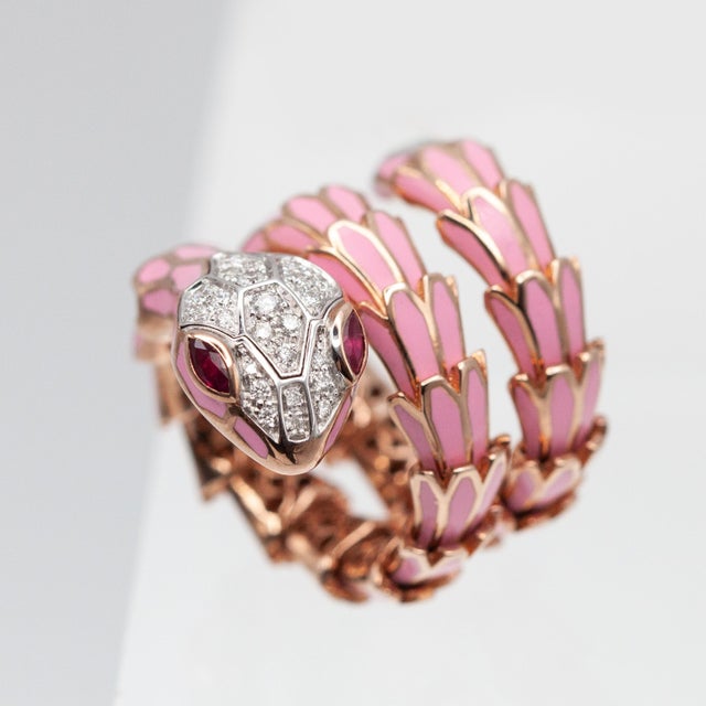 Alexis Ny Diamond Ruby Pink Enamel Serpent Wrap Ring in 18k and Sterling, Size 6 For Sale - Image 4 of 12