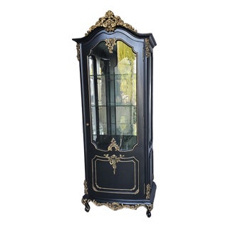 1960s Black, Rococo Style Vitrine Cabinet, French Reproduction Curio Cabinet For Sale