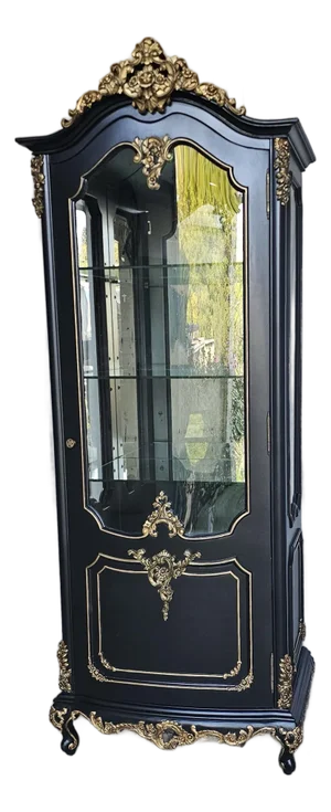 1960s Black, Rococo Style Vitrine Cabinet, French Reproduction Curio Cabinet