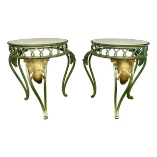 Pair French Painted & Gilt Wrought Iron Mirrored Martini Side Tables, 1940s For Sale