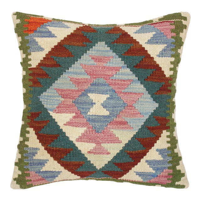 Geometric Turkish Caron Hand Woven Kilim Throw Pillow For Sale