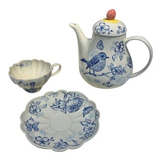 Vintage Blue-and-White Ceramic Tea Set With Bird Motif - 3 pcs For Sale