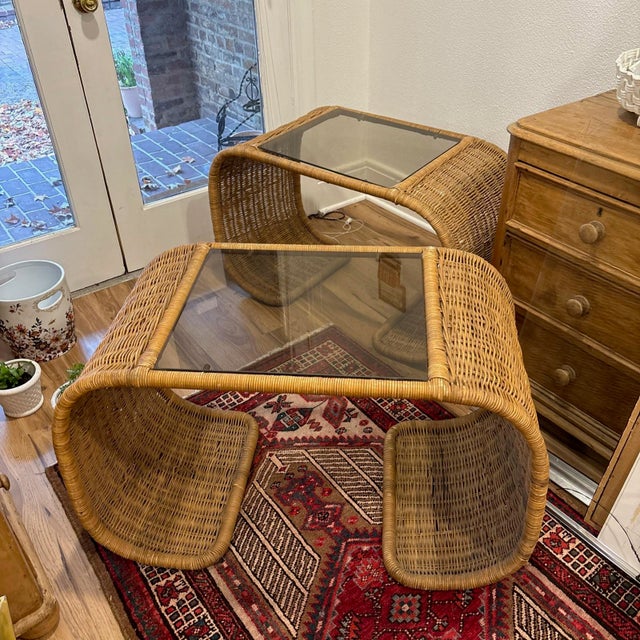 1970s Pair 1970s Wicker-Wrapped Metal Waterfall End Tables With Original Glass For Sale - Image 5 of 8
