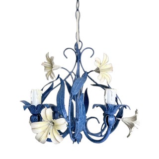 French Blue and White Tole Floral Cage 4-Light Chandelier, 1970s For Sale