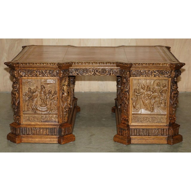 Museum Quality Victorian Walnut Partner Desk With 17th-Century Carved Panels For Sale - Image 10 of 18