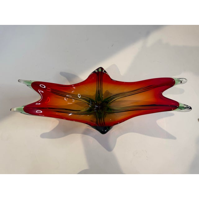Large Vintage Murano-Style Red, Orange & Green Sculptural Art Glass Bowl For Sale In Portland, ME - Image 6 of 6