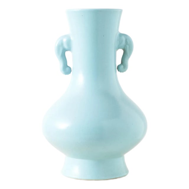 Pear-Shaped Cyan Glazed Vase with Elephant Handles For Sale