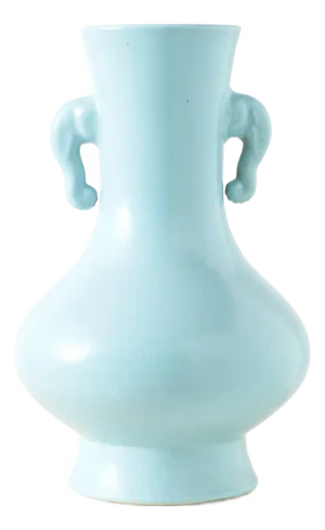 Pear-Shaped Cyan Glazed Vase with Elephant Handles