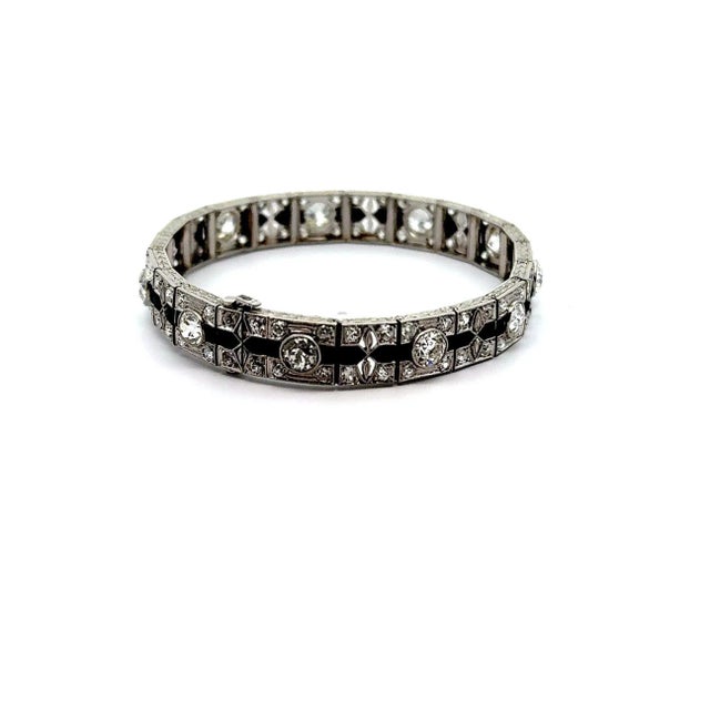 1930s Circa 1930 Art Deco Diamond Black-Onyx Platinum Bracelet For Sale - Image 5 of 6
