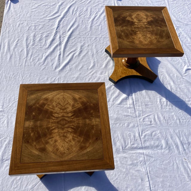 Baker Furniture Company Pair of Bookmatched Walnut End Tables From Baker For Sale - Image 4 of 13