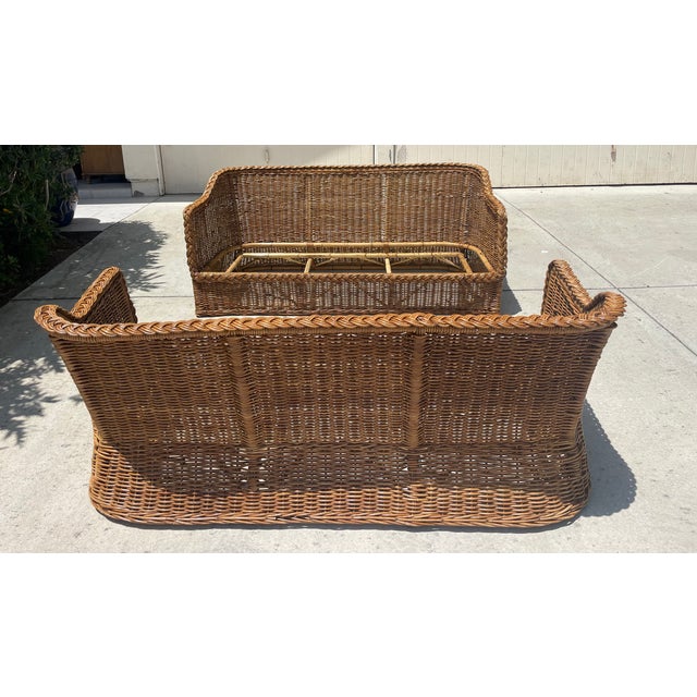 Wood Vintage Braided Wicker Sofas, Michael Taylor Style With New Perennials Upholstery For Sale - Image 7 of 14