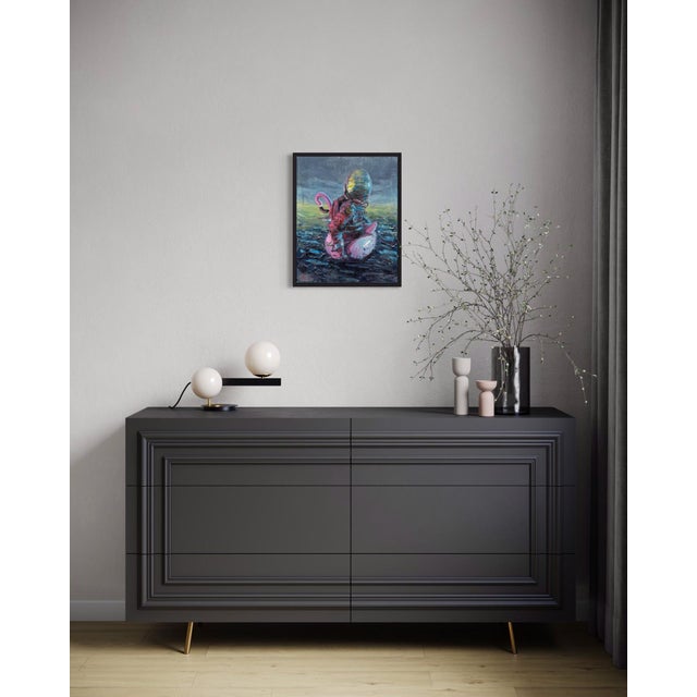 Early 21st Century All Directions Wrong by Andreas Claussen | Oil on canvas Astronaut sitting on a pink flamingo float. For Sale - Image 5 of 5