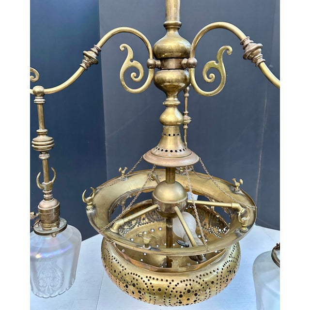 Vintage 4-Light Mughal-Style Pierced Brass Chandelier With Crescent Motif For Sale - Image 10 of 12