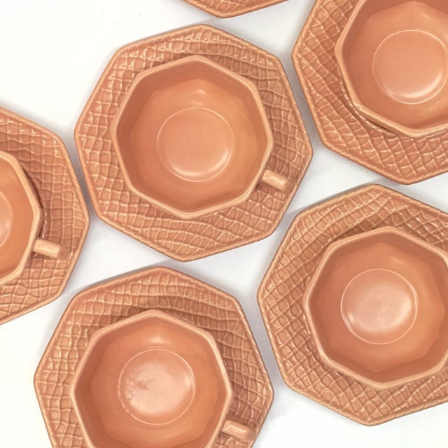 Immaculate Blush Colored Tea Cups & Saucers by Bordallo Pinheiro Portugal - Set of 6 For Sale - Image 4 of 8