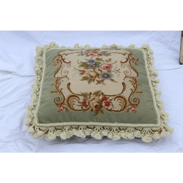 Olive French Traditional Wool Pedi Point Down Pillow With Loop Fringe and Cotton Tassels For Sale - Image 8 of 13