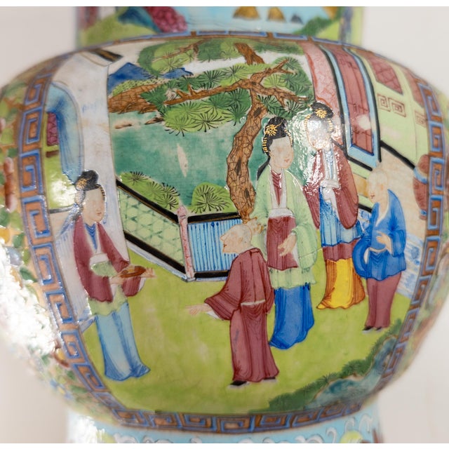 Baby Blue 19th Century Chinese Unusual Qing Rose Medallion Yen Yen Vase, Canton Enamel on Stoneware For Sale - Image 8 of 18