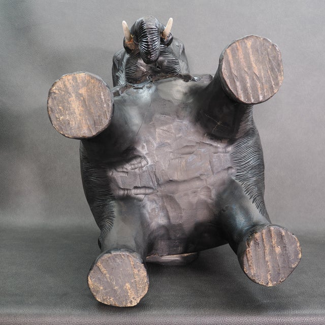 1970s Carved Solid Wood Black Indian Elephant Footstool With Cushion For Sale In Tampa - Image 6 of 12