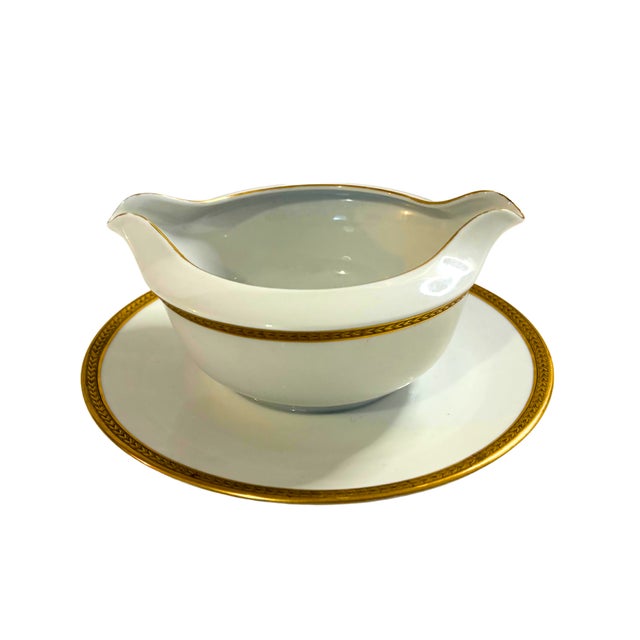 French Arès Prestige Porcelain Dinnerware Set for 12 with Hand-Gilded Gold from Raynaud Limoges, 1980s, Set of 46 For Sale - Image 9 of 11