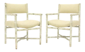 Distressed Finish Faux Bamboo Capitan Chairs With X Bases - a Pair