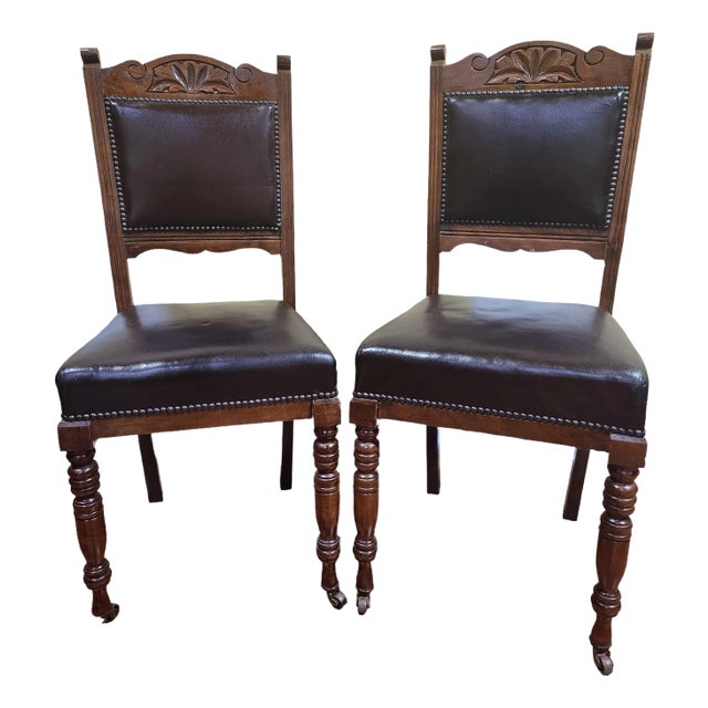 Mid 19th Century Victorian English Oak Gothic Revival Dining Chairs - A Pair For Sale
