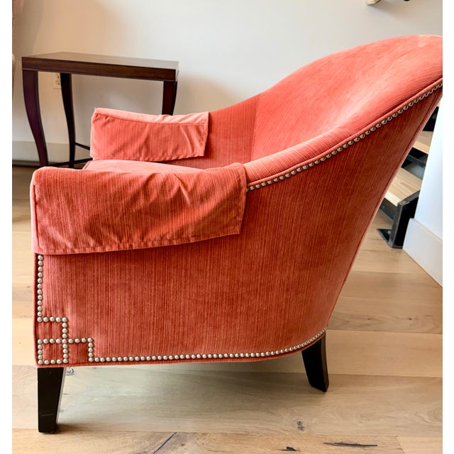 Ethan Allen Custom Ethan Allen Coral Velvet Barrel Lounge Chair With Nailhead Trim For Sale - Image 4 of 10