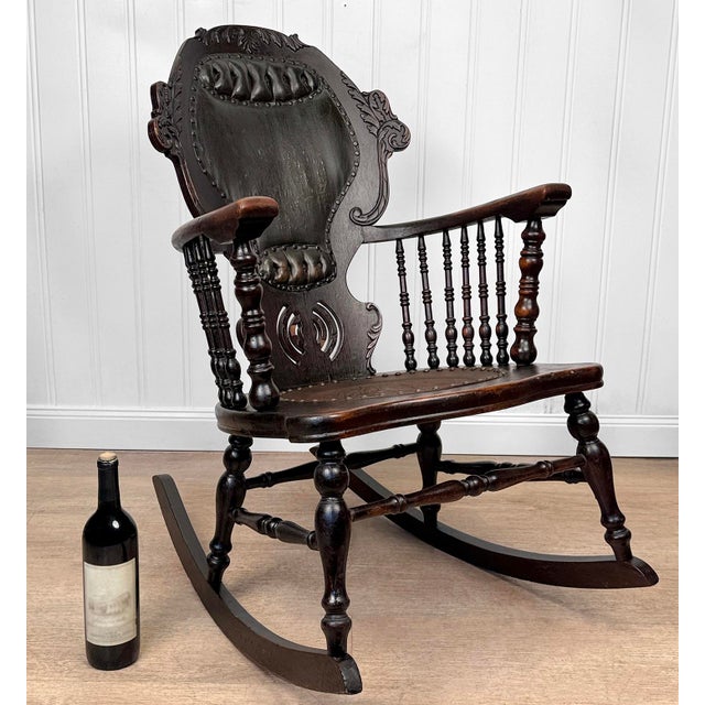 - Original Late 19th Century Victorian Rocking Chair - Solid Oak Construction with an Aged Deep Satin Finish - Heavily...