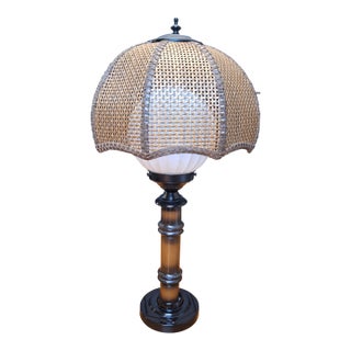 Vintage 70's Tropical Bamboo Lamp With Wicker Shade For Sale