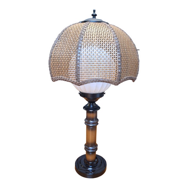 Vintage 70's Tropical Bamboo Lamp With Wicker Shade For Sale