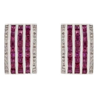 Art Deco Style Multi-Row Square Ruby Diamond Panel Silver Stud Earrings- A Pair For Sale