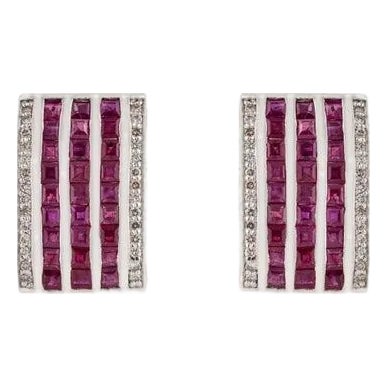 Art Deco Style Multi-Row Square Ruby Diamond Panel Silver Stud Earrings- A Pair For Sale
