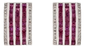 Art Deco Style Multi-Row Square Ruby Diamond Panel Silver Stud Earrings- A Pair