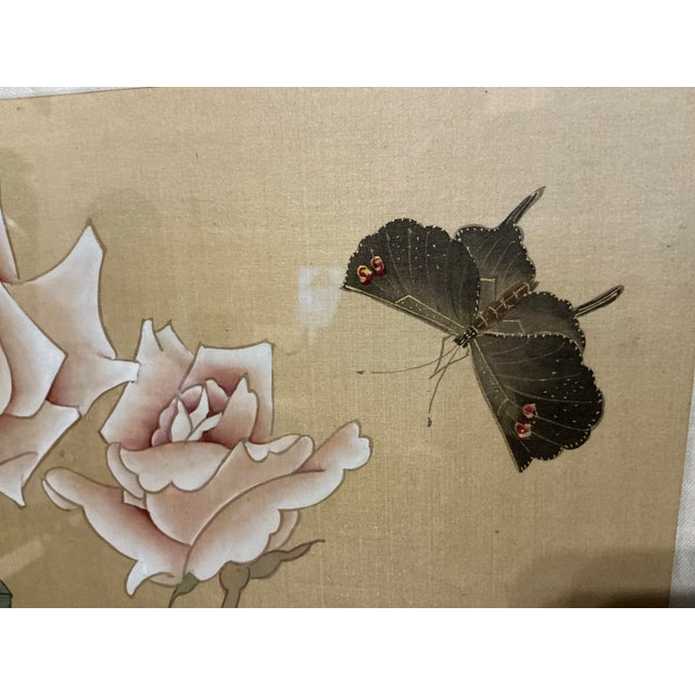 Beautiful Framed East Asian Botanical and Butterfly Painting For Sale In Dallas - Image 6 of 12