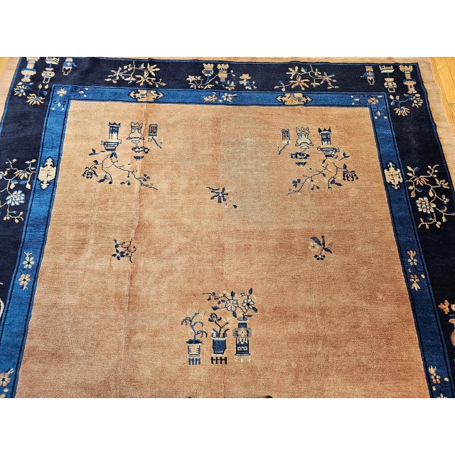 Antique Chinese Peking Rug, Hand-Knotted Wool, Pale Peach, Navy, 9' x 12' For Sale - Image 13 of 18