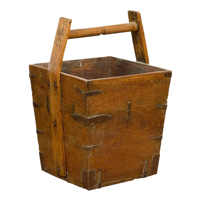 19th Century Antique Chinese Wood & Metal Grain Basket with Carrying Handle For Sale