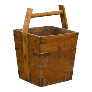 19th Century Antique Chinese Wood & Metal Grain Basket with Carrying Handle