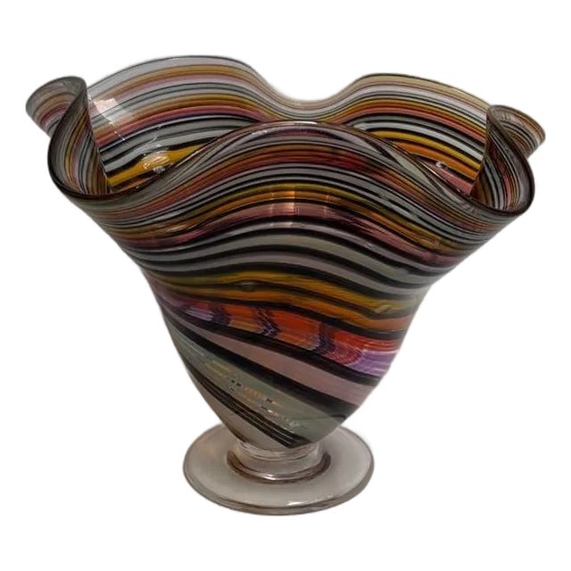 Jozefina Hand-Blown 9” inch Havana Wave Art Glass Vase with Rainbow Cane Swirl For Sale