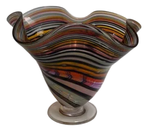 Jozefina Hand-Blown 9” inch Havana Wave Art Glass Vase with Rainbow Cane Swirl
