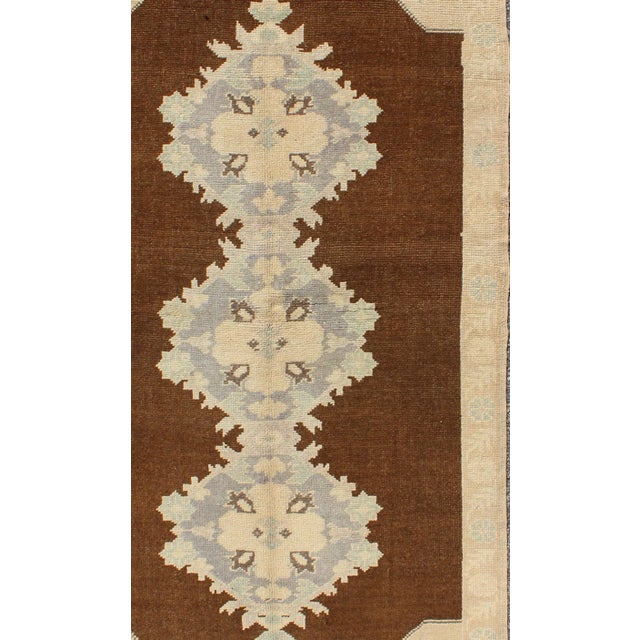 Figurative Vintage Turkish Hand Knotted Oushak Runner With Floral Medallions in Brown, Gray, Taupe For Sale - Image 3 of 6