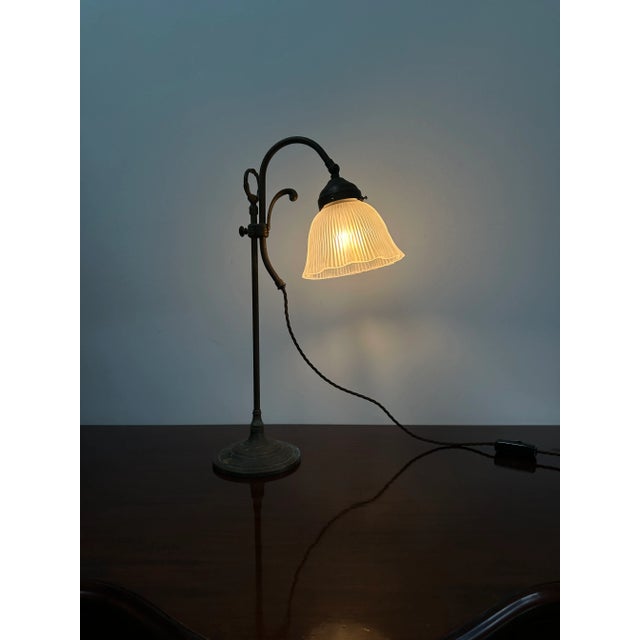 Vintage French Frosted Opaque Glass Bronze Adjustable Swan Neck Lamp Light For Sale - Image 3 of 5