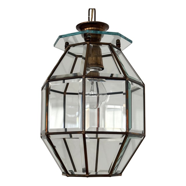 Italian Brass and Cut Glass Pendant Lamp, 1960s For Sale