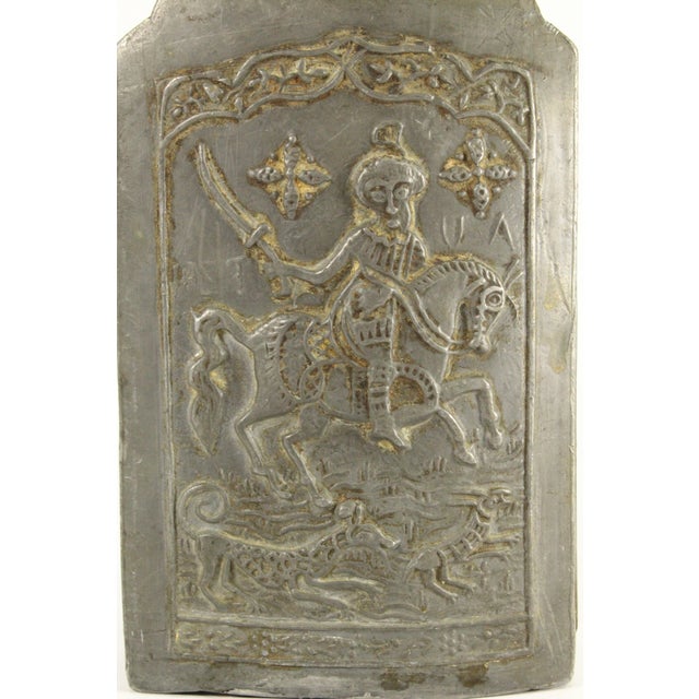 Gray 18th C. Ottoman Empire Armenian Pilgrim Pewter Flask With Horsman Hunter, Dog & Deer For Sale - Image 8 of 18