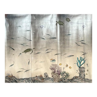 Silver Leaf Chinoiserie Hand-Painted Underwater Ocean Mural (Set of 4) For Sale