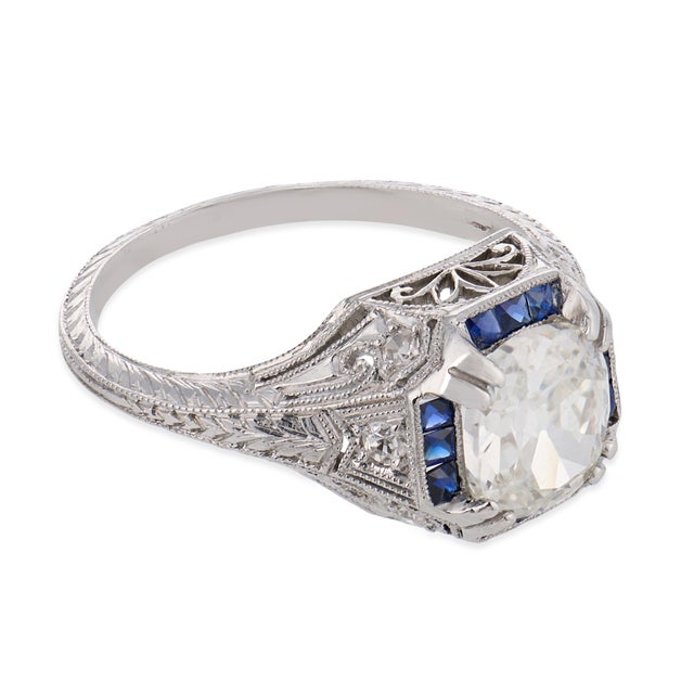 1920s 1920s Art Deco Gia 1.52 Carat Diamond Sapphire Platinum Engagement Ring, Size 6.75 For Sale - Image 5 of 5