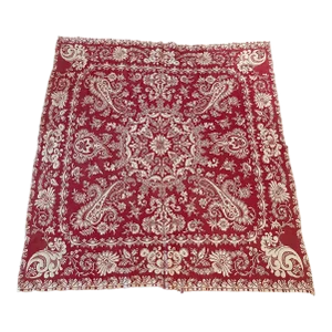 Antique Mid 19th Century Jacquard Coverlet Throw Paisley Floral Red Cream